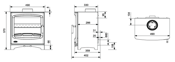 SHL Pearl 8kW freestanding multi fuel dimensions